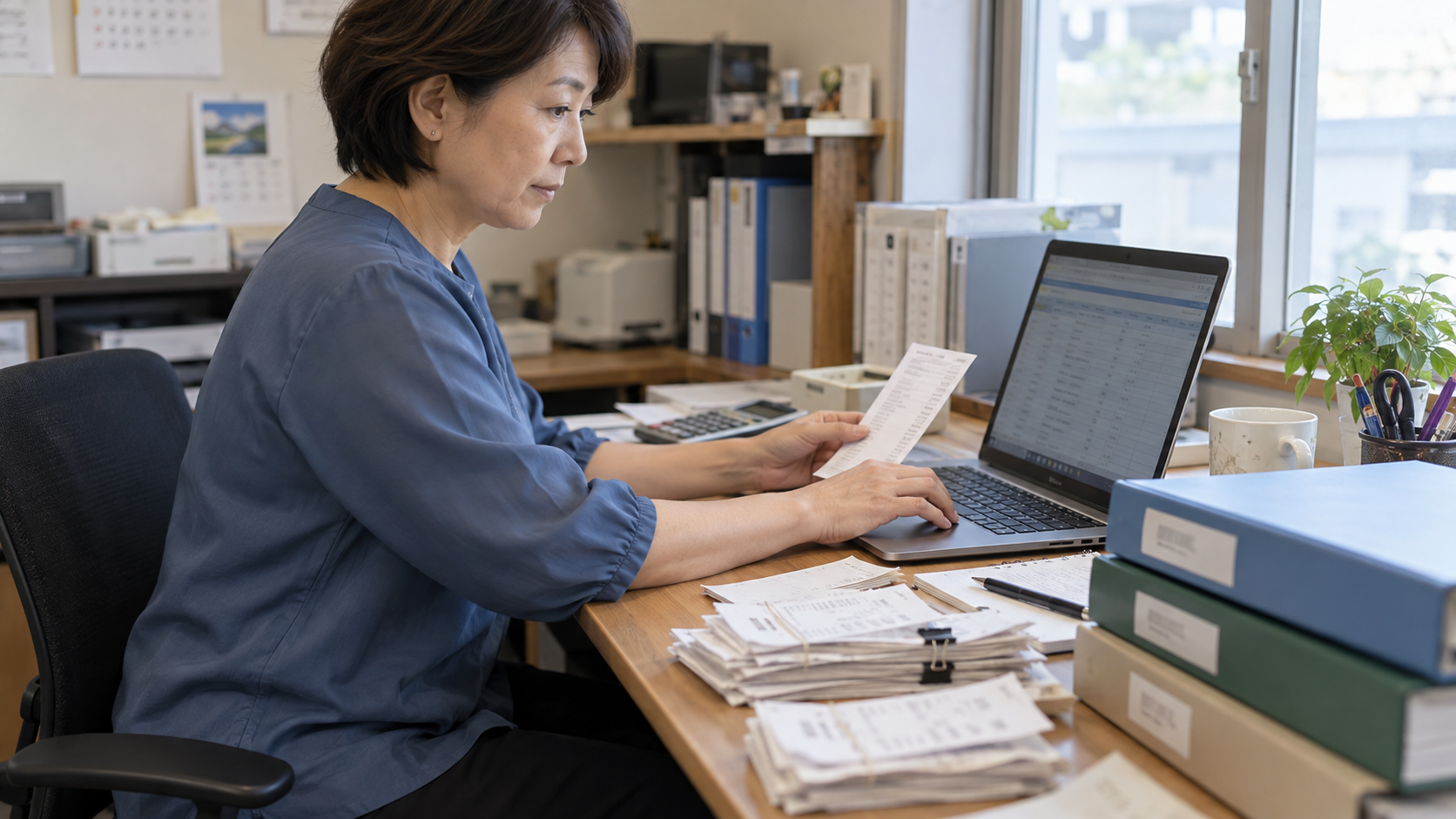 領収書を仕分けして会計画面へ入力する担当者
