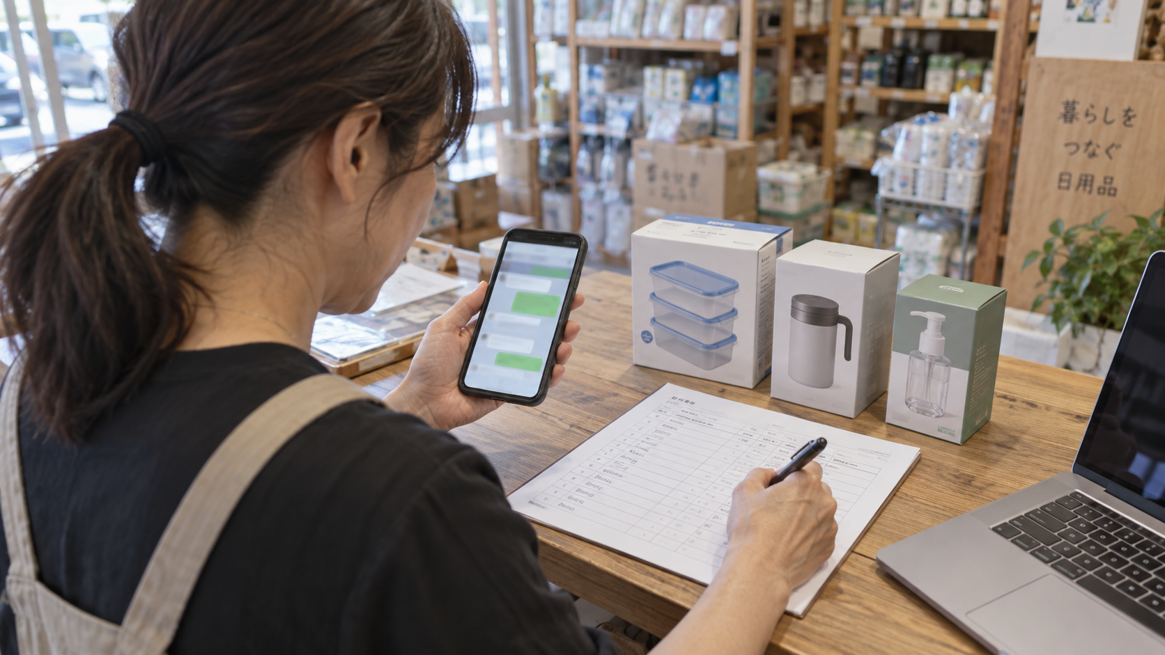 スマートフォンの注文メッセージと商品・数量を確認する担当者