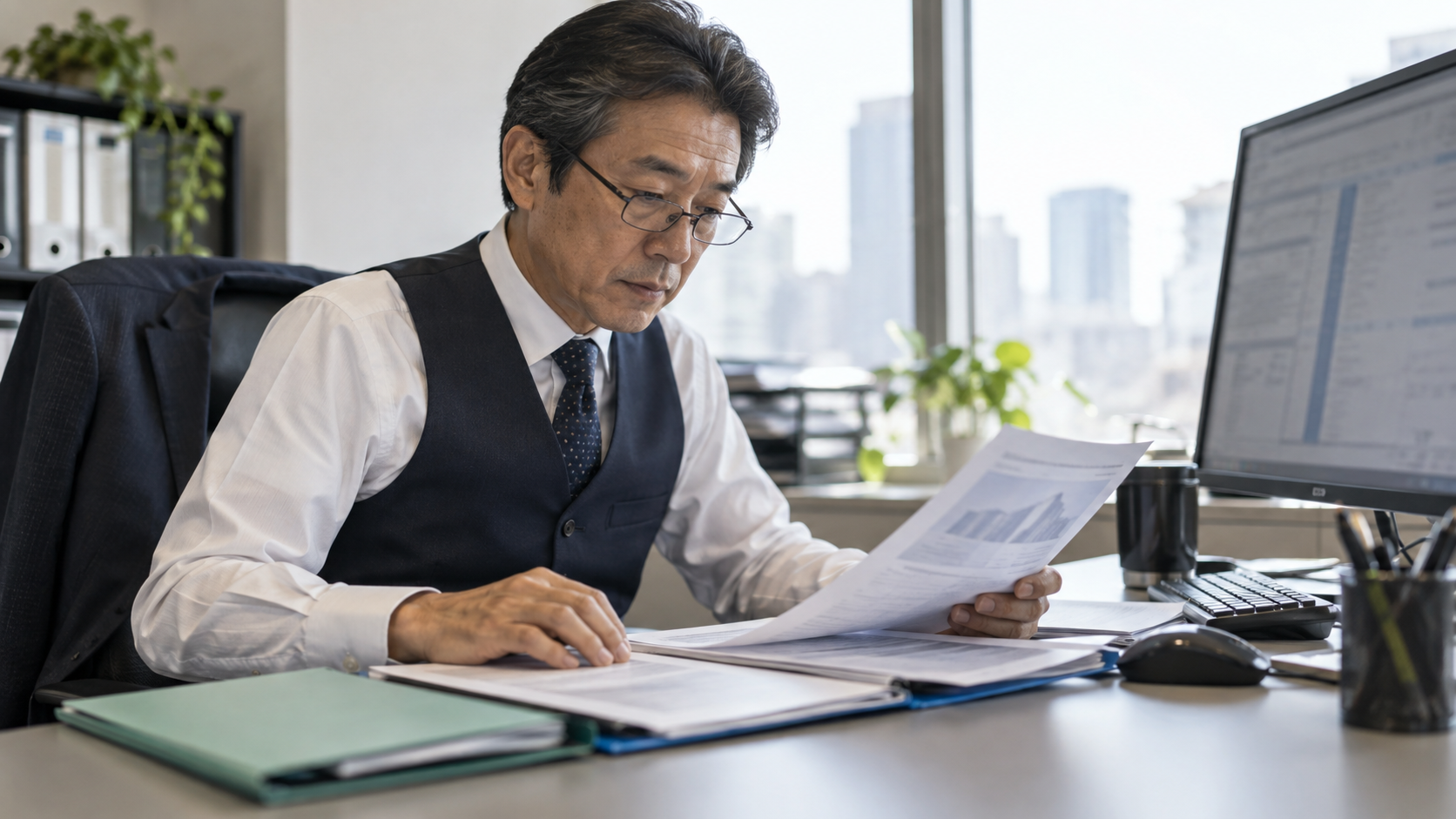 取引先の会社情報と資料を確認する管理担当者