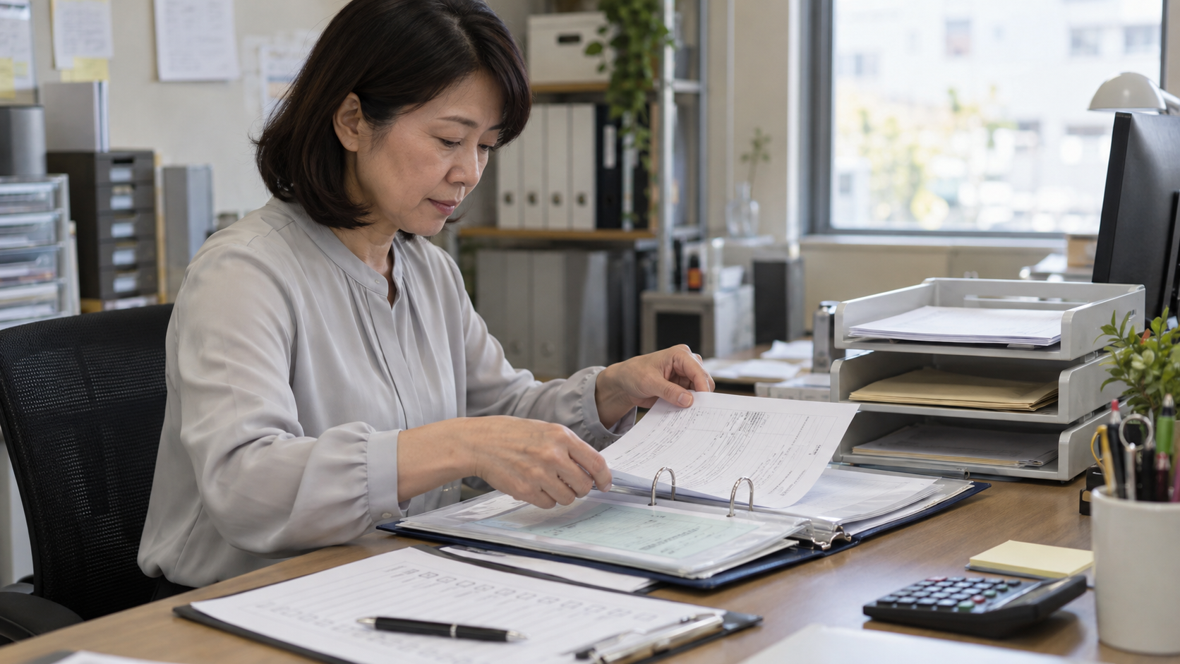 照合した請求書と納品書を整理する経理担当者