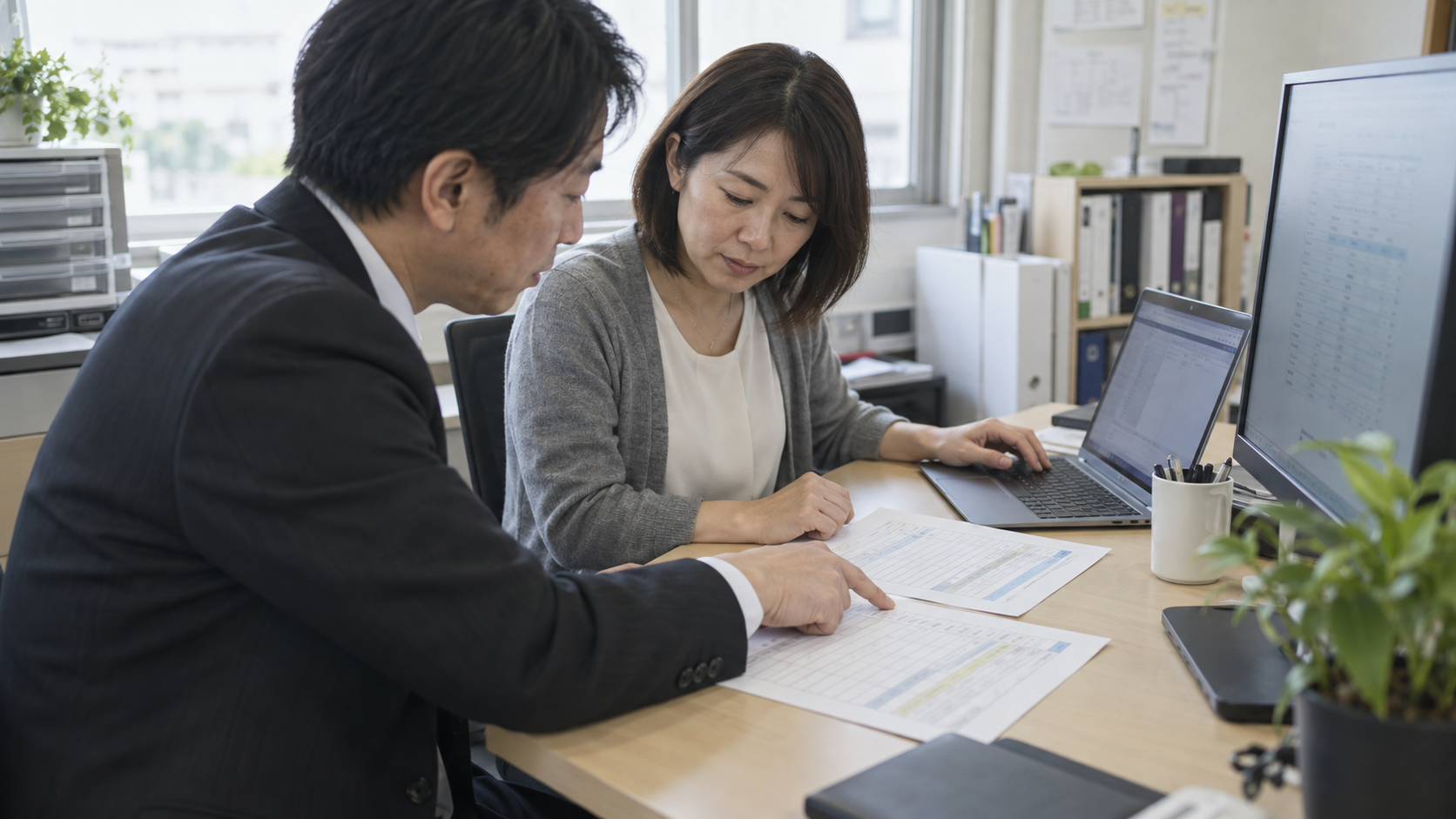 サービスの担当範囲を資料と画面で確認する担当者