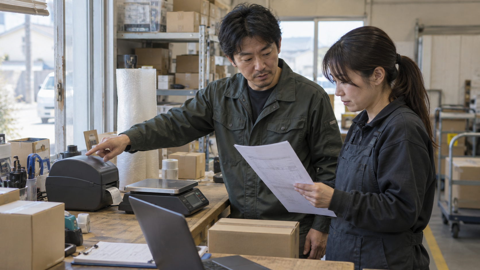 梱包設備と見積書を確認する物流担当者