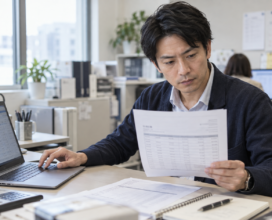 発注担当者がパソコンの注文情報と見積書を見比べる様子