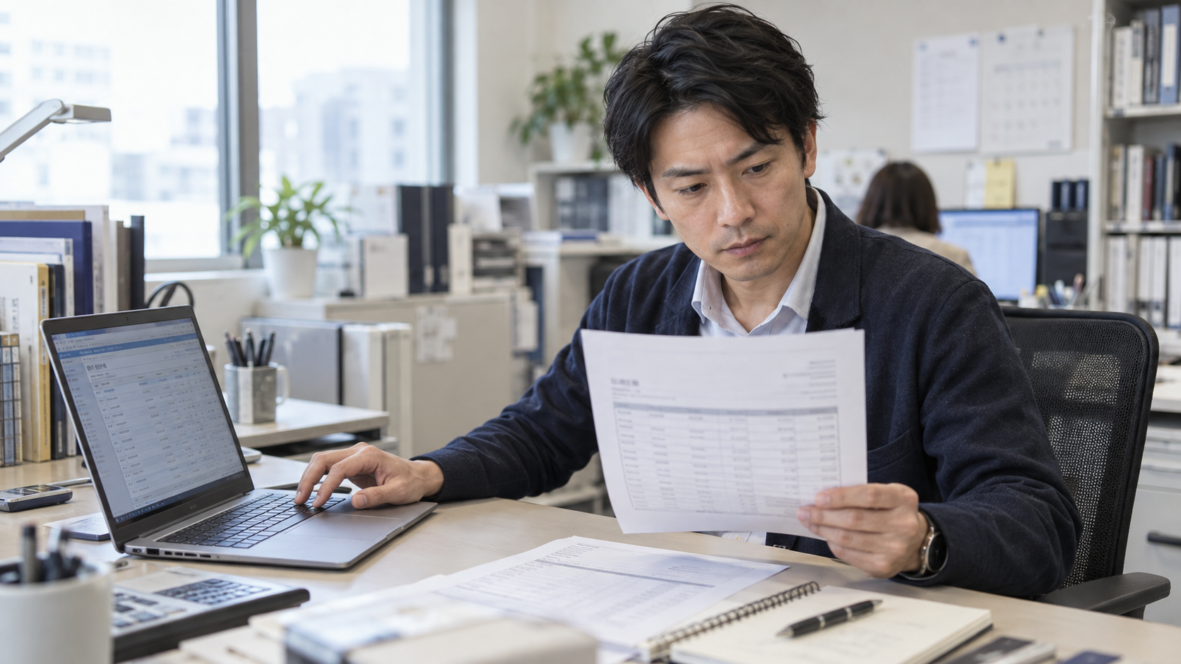 発注担当者がパソコンの注文情報と見積書を見比べる様子
