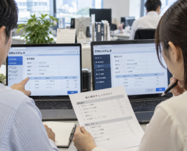 受発注画面と要件を比較する担当者