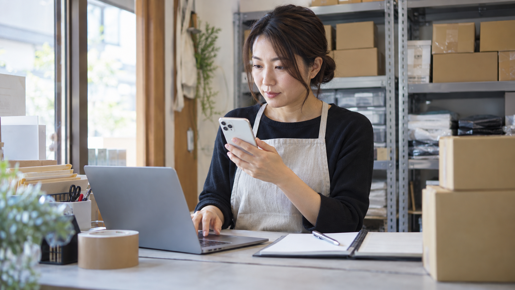 スマートフォンで届いた注文をパソコンで確認する店舗担当者