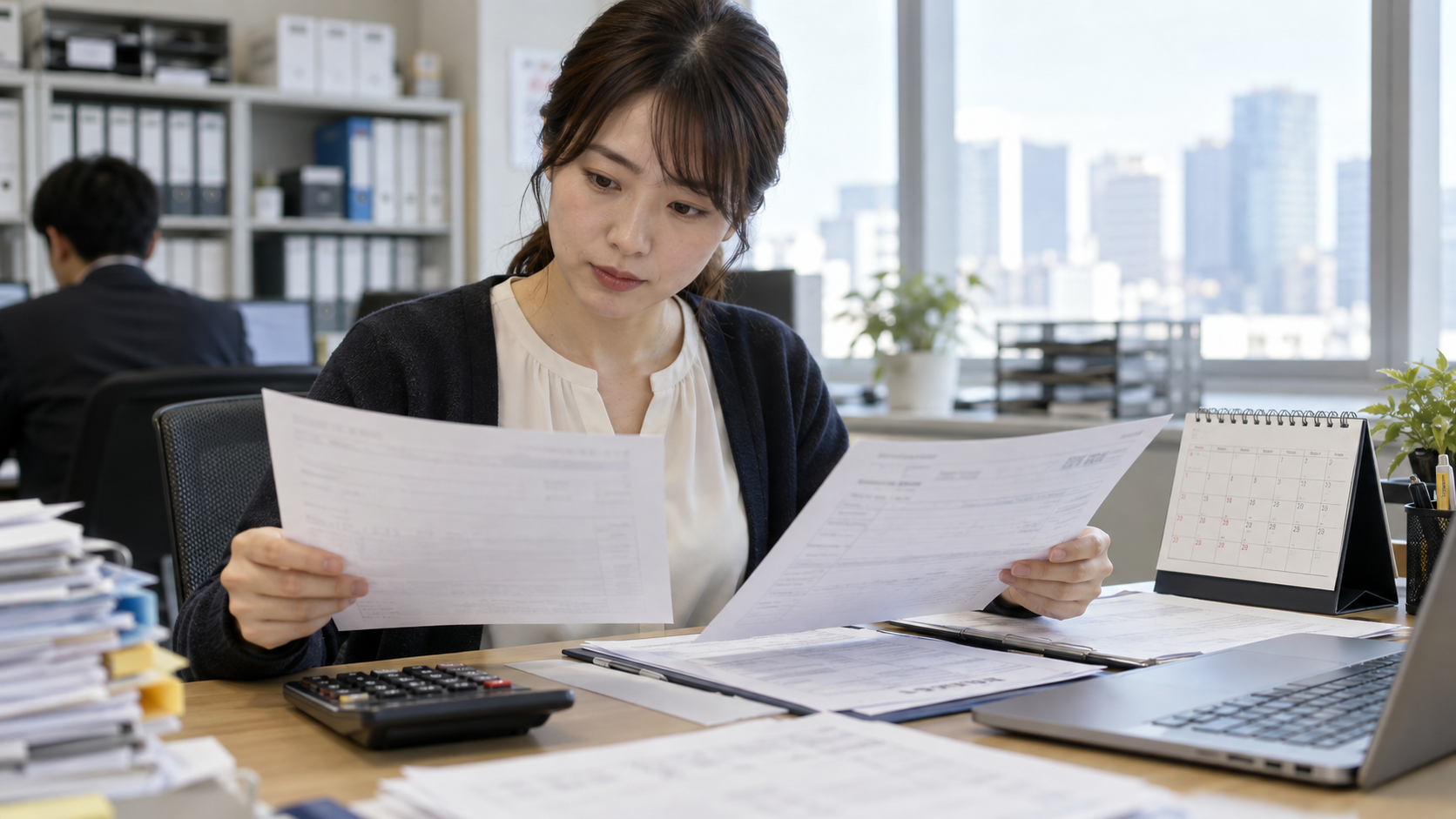 納品書と請求書を照合して支払予定を確認する担当者