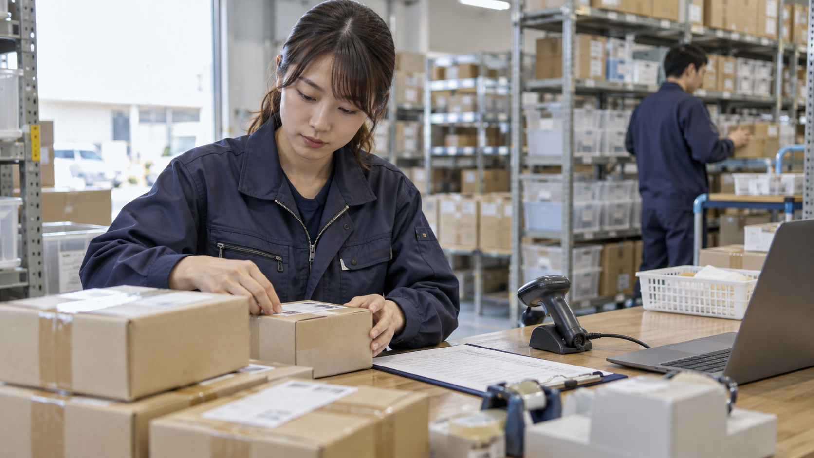 小口の荷物をまとめて出荷準備する倉庫担当者
