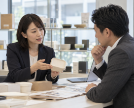 商品サンプルを使って取引先に提案する営業担当者