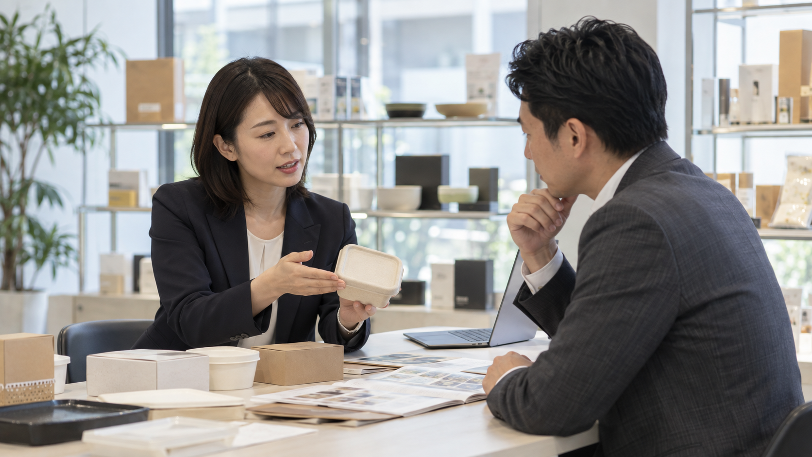 商品サンプルを使って取引先に提案する営業担当者