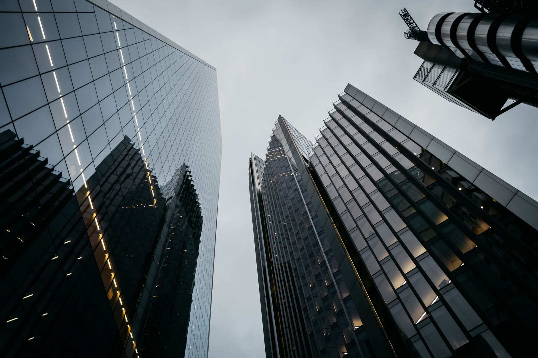 Low angle view of modern skyscrapers in London. Urban archit
