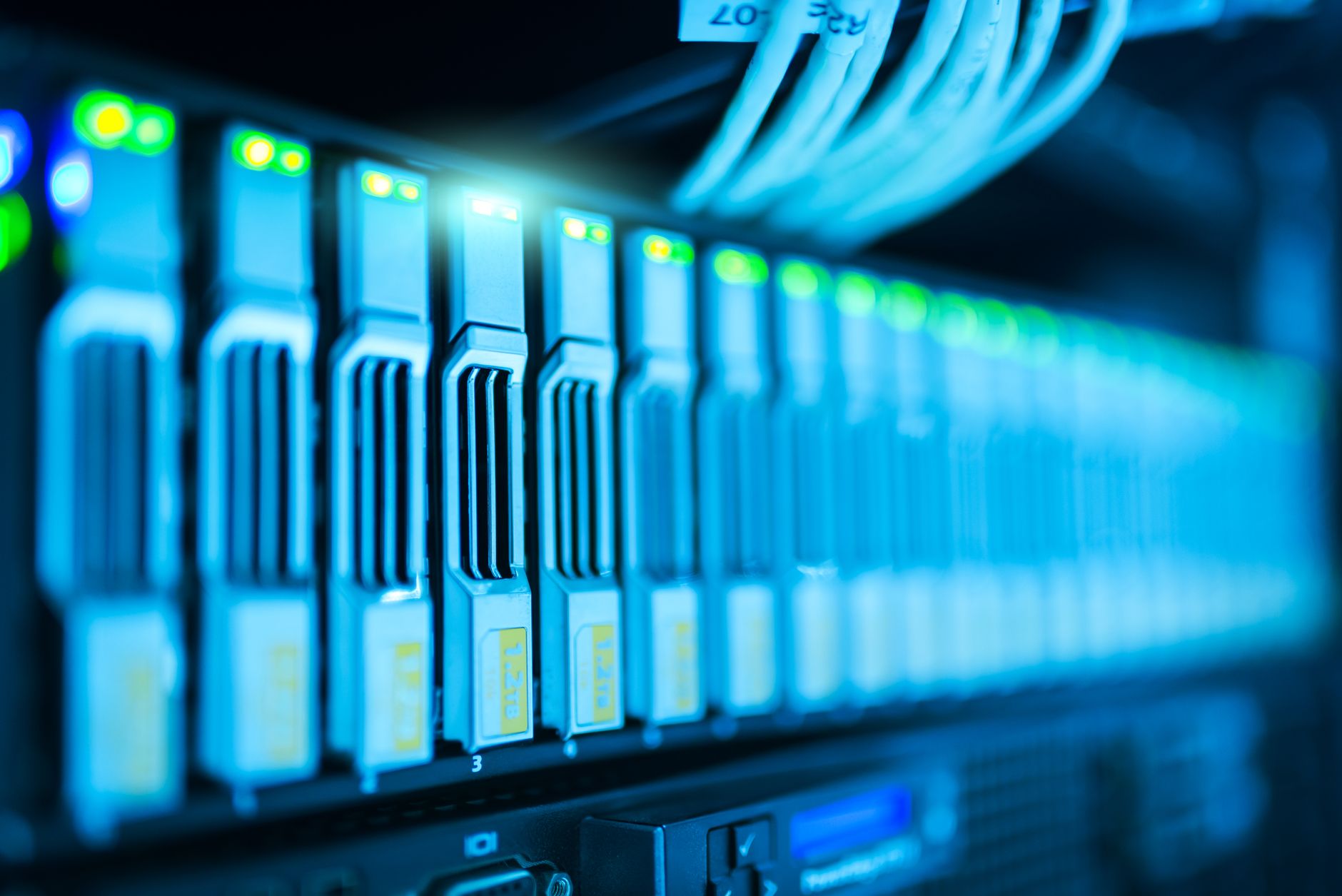 Detailed image of a server rack with glowing lights in a mod