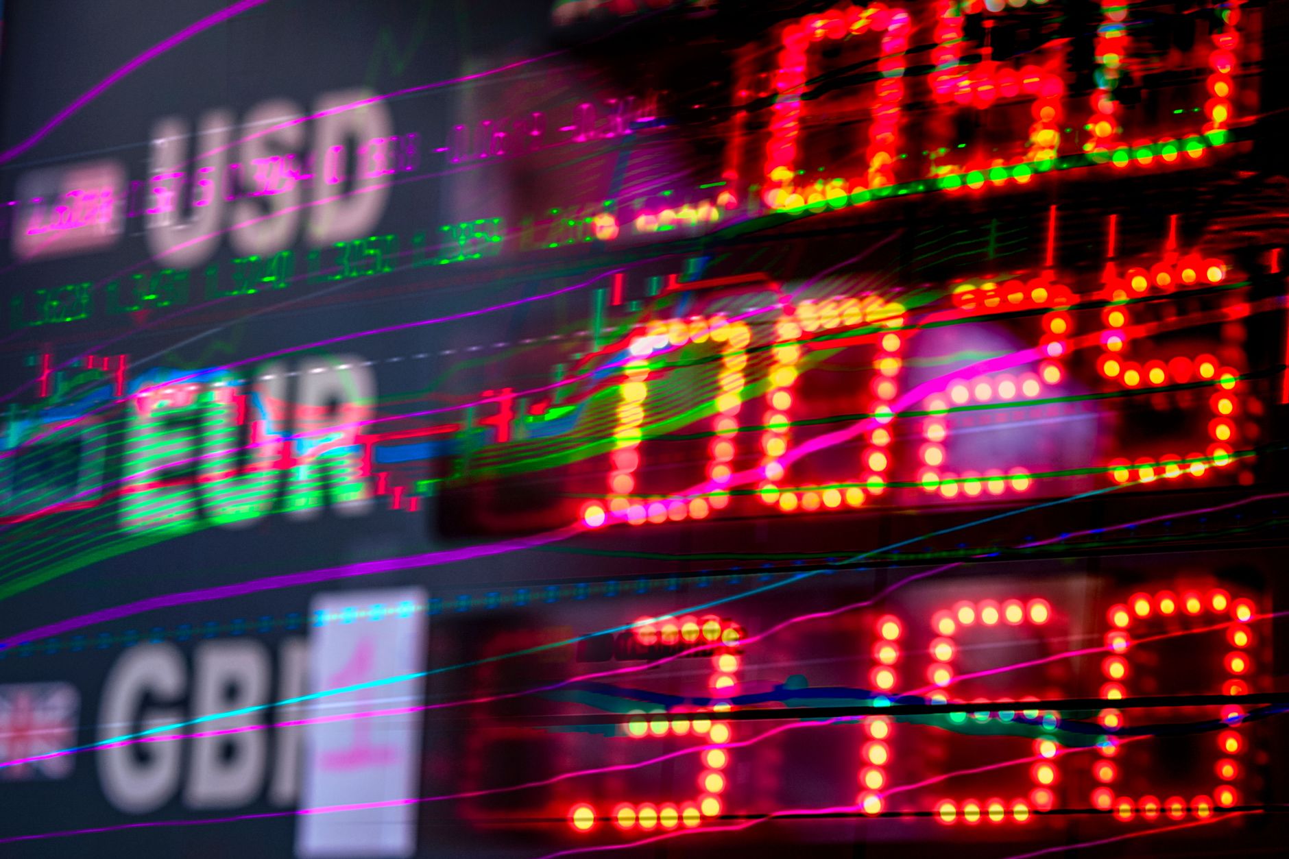 Vibrant stock market display showing exchange rates for USD,