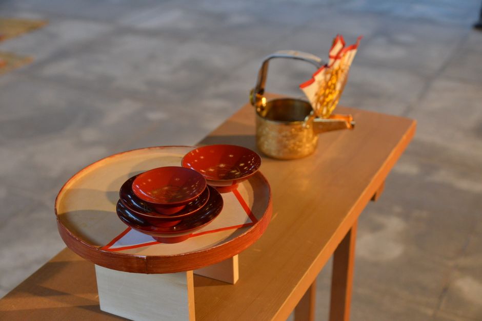 A serene display of traditional Japanese tea ceremony utensi