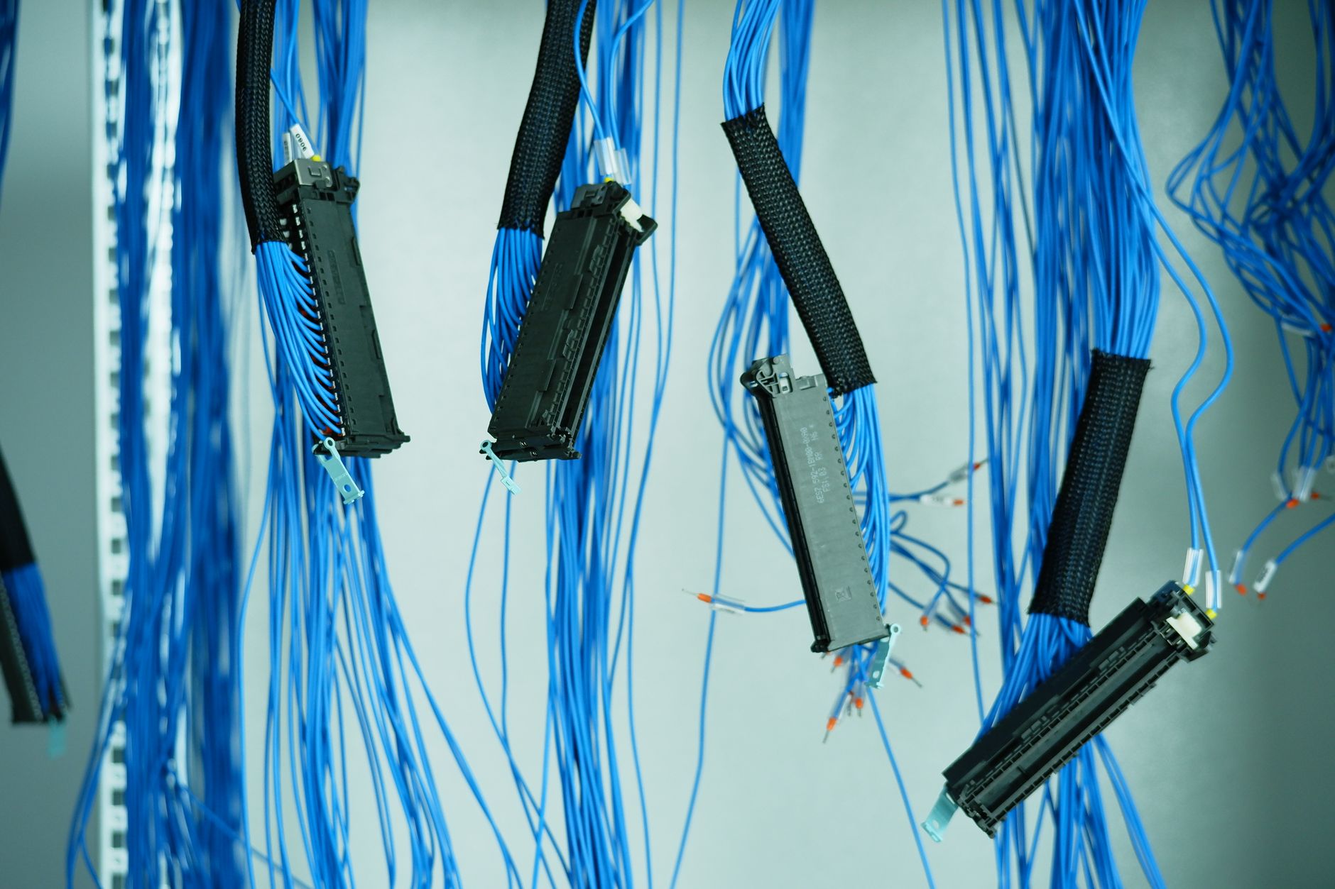 Close-up of blue ethernet cables hanging in a data center, h