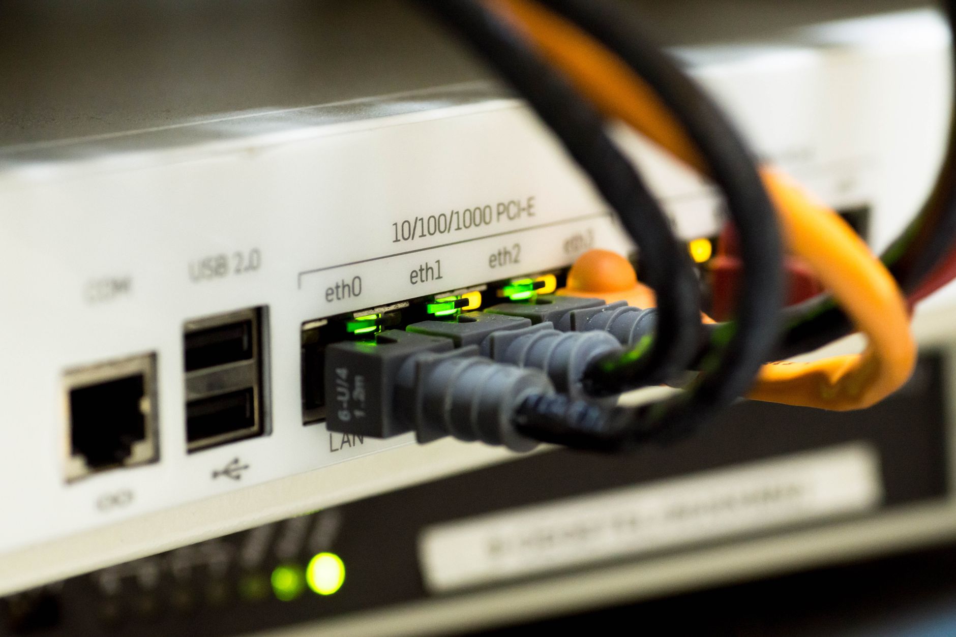 Detailed close-up of ethernet cables and network connections