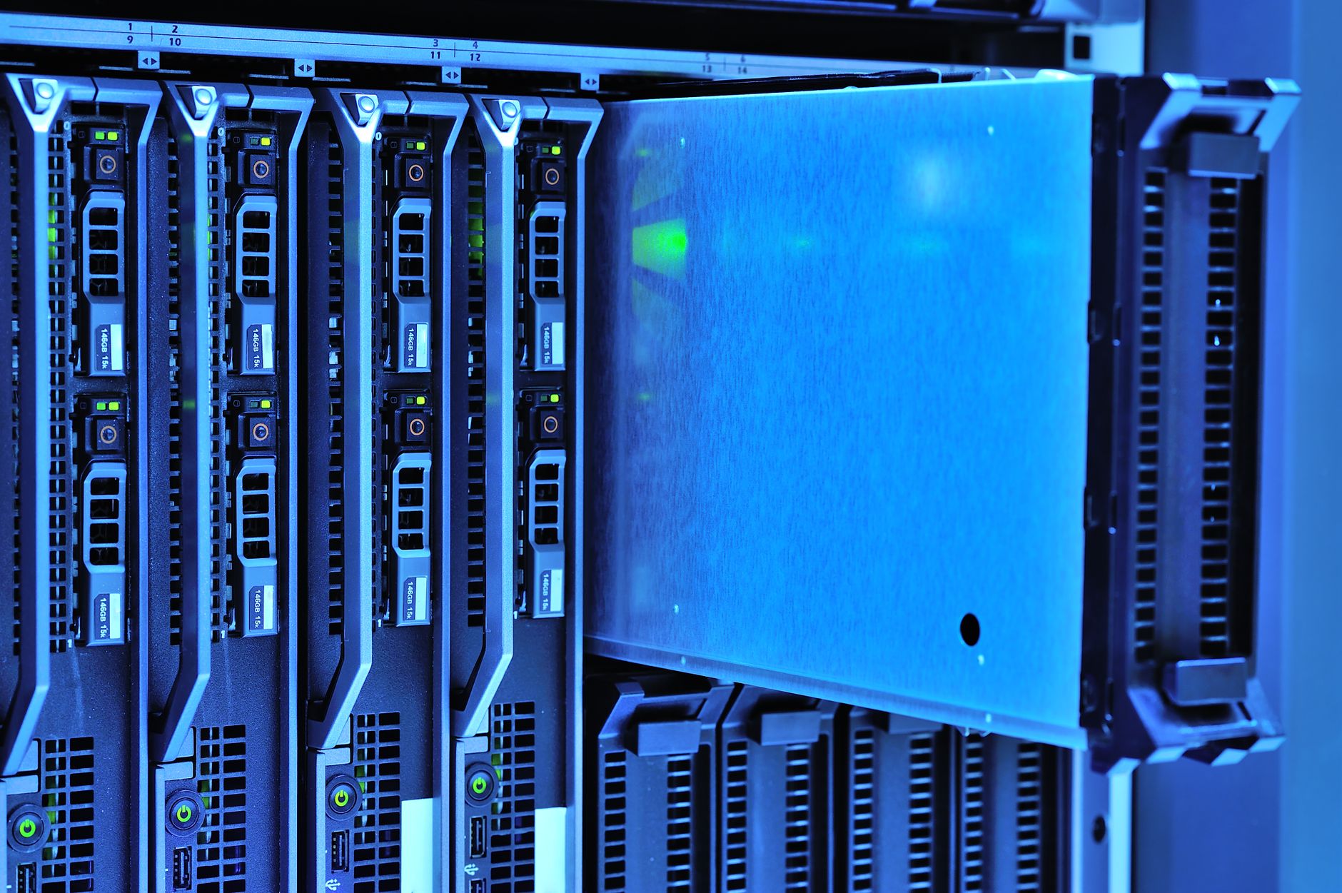 Detailed view of server racks with glowing lights in a data