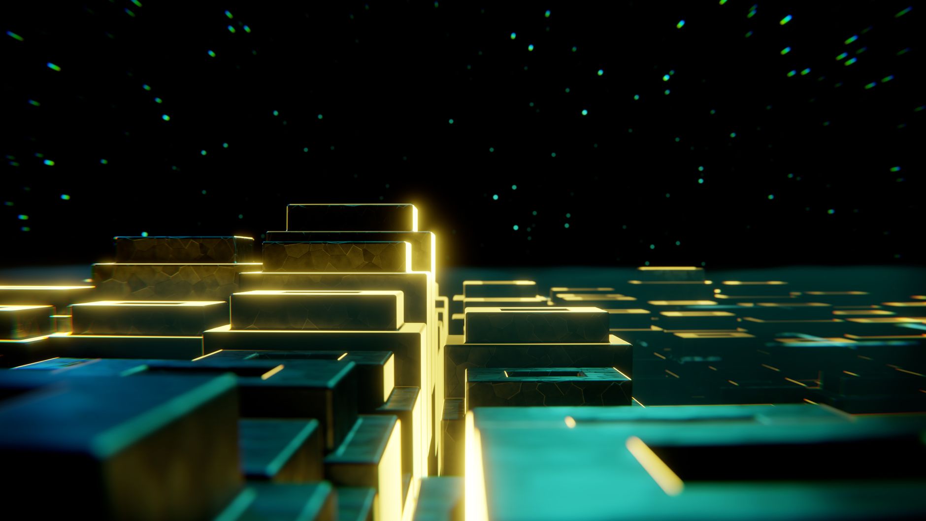 Futuristic digital landscape with illuminated blocks and a s
