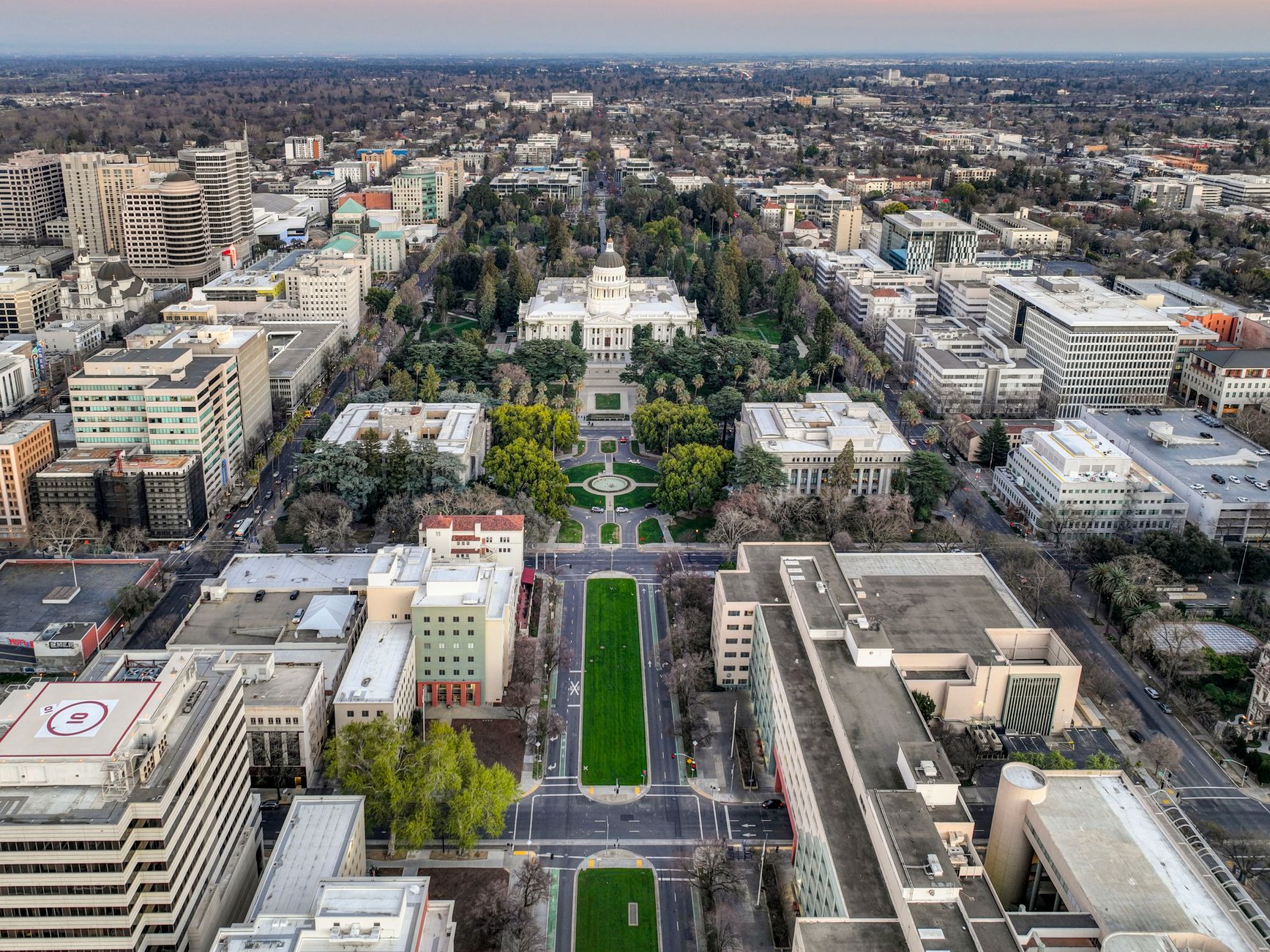 Aerial view of downtown Sacramento showcasing the Capitol Bu