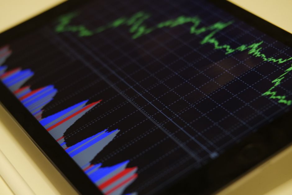 Close-up of a tablet displaying stock market analysis with c