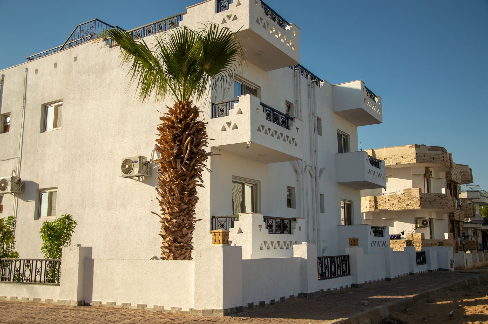 White villa with balconies and palm tree in a sunny resident