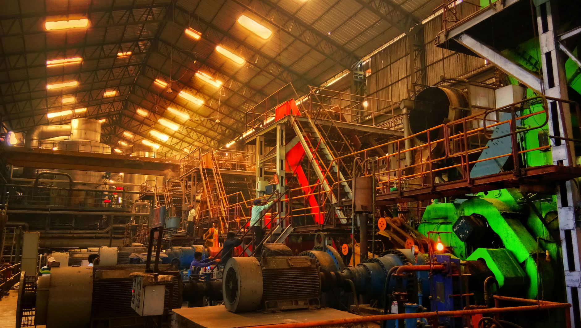 Detailed interior view of a bustling industrial factory in A