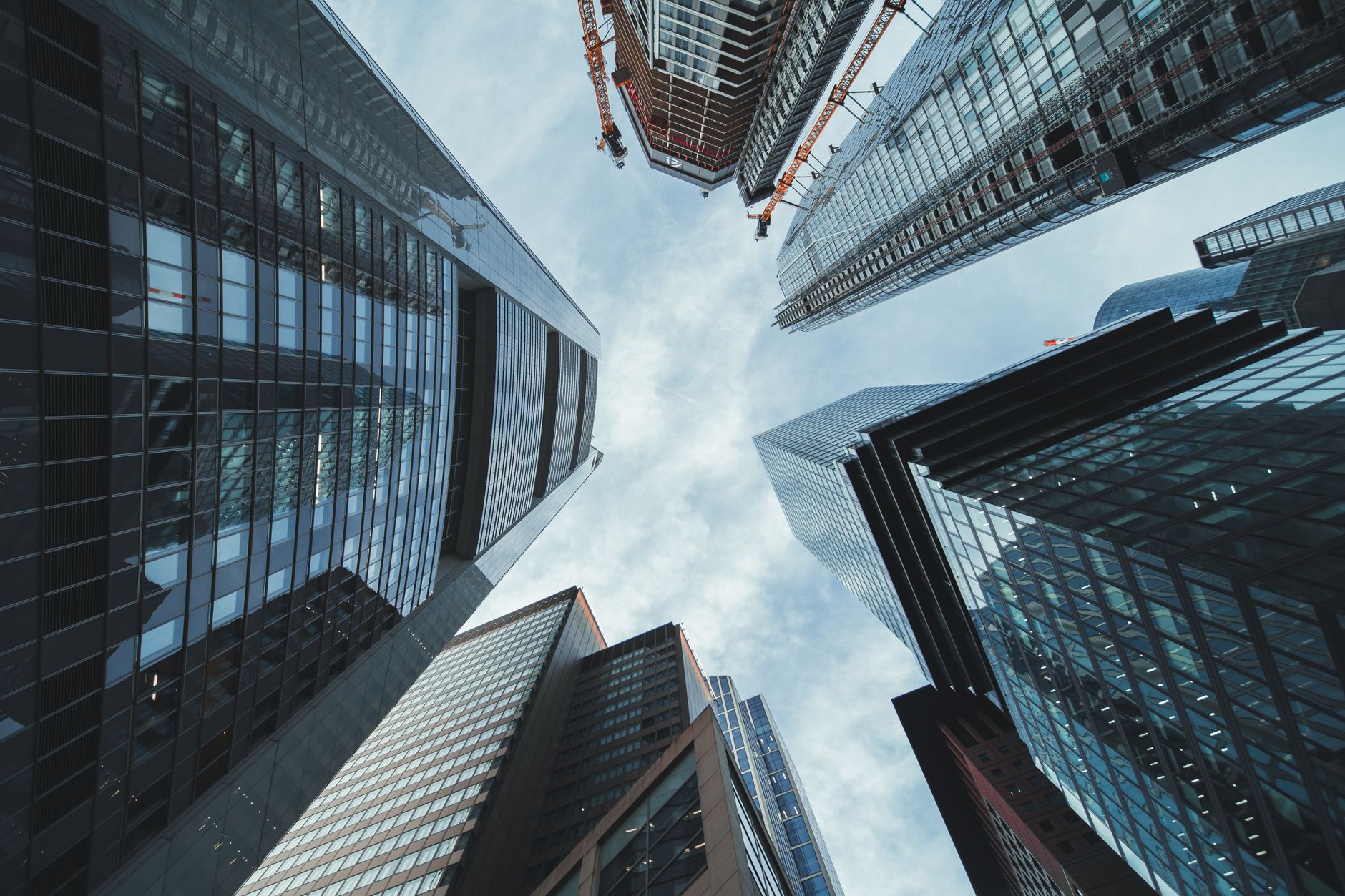 Upward view of towering contemporary skyscrapers against a c