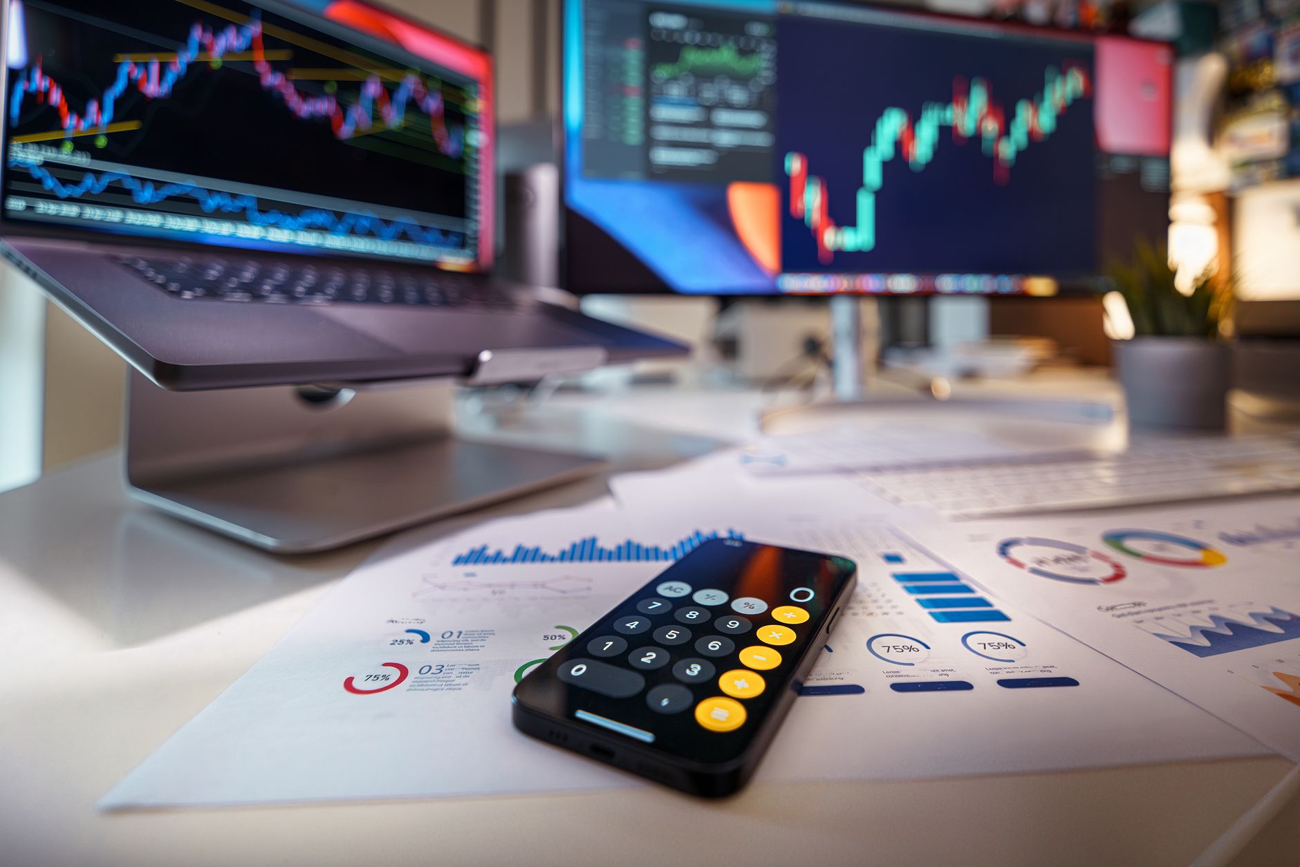 Modern workspace showcasing financial analysis with digital