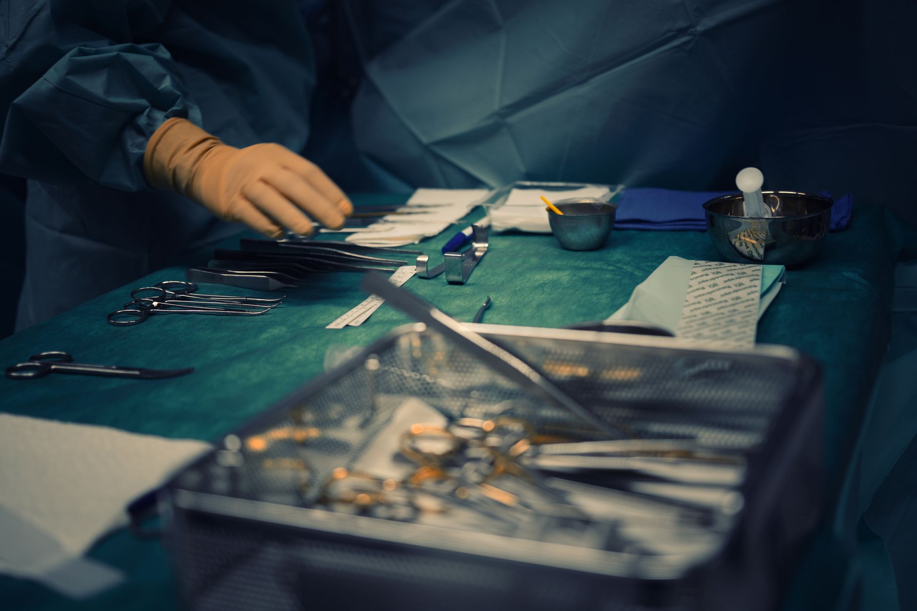 Close-up of surgical instruments prepared for surgery in a h