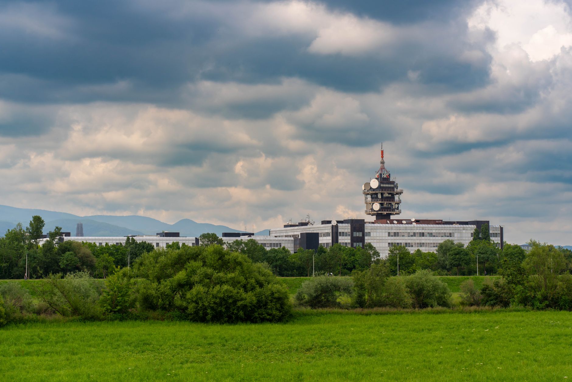 Scenic view of Zagreb's public media headquarters under a cl