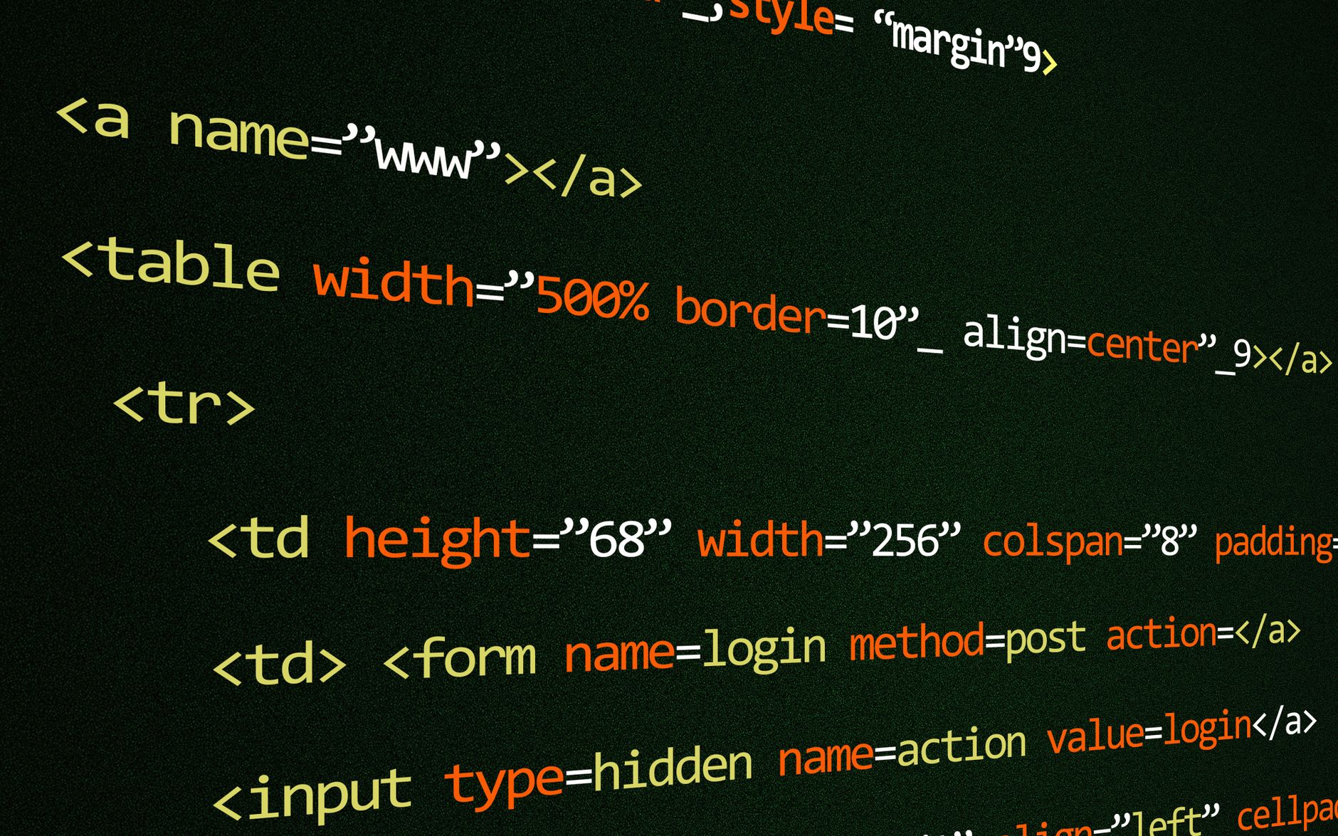 Close-up of HTML code lines highlighting web development con