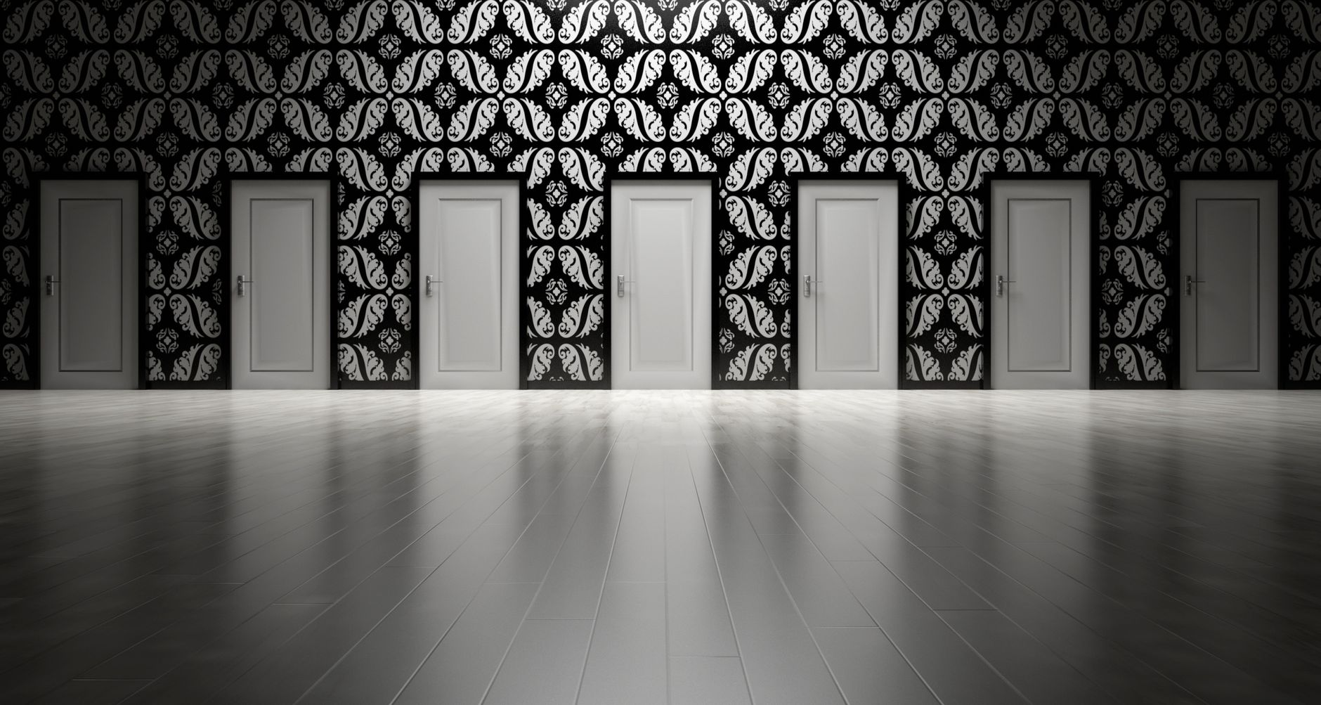 Five closed doors in a black and white ornate hallway symbol