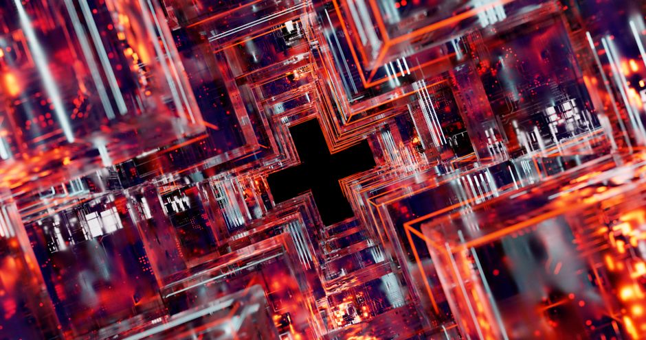Abstract view of a digital circuitry with glowing multicolor