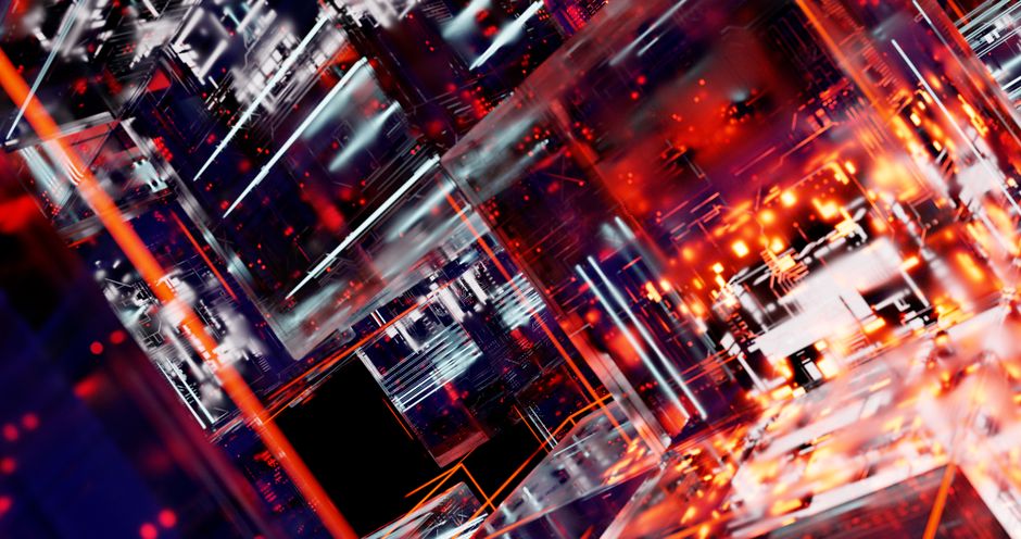 Abstract futuristic cyber landscape with digital matrix and