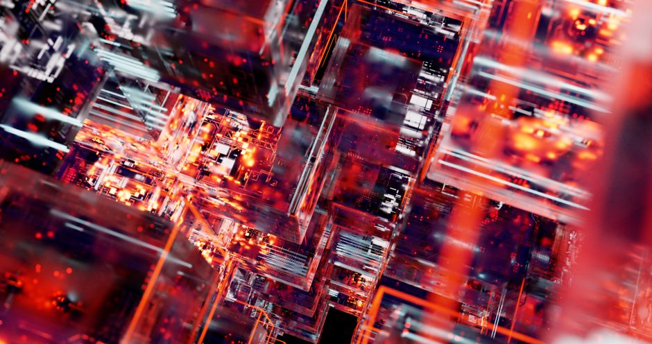A close-up abstract visualization of a digital circuit board