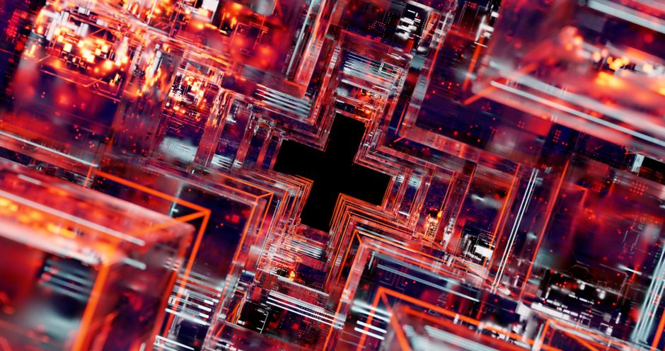 Dynamic 3D abstract image with red and orange digital patter