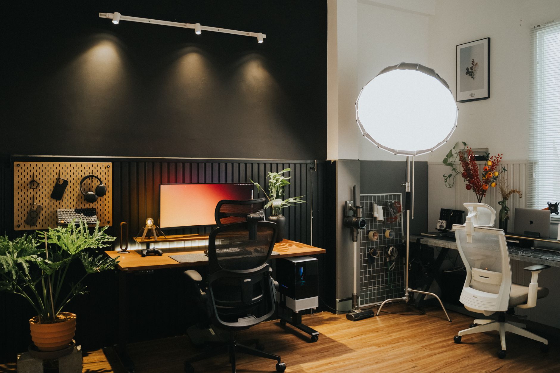 Stylishly designed home office with ergonomic chairs and amb