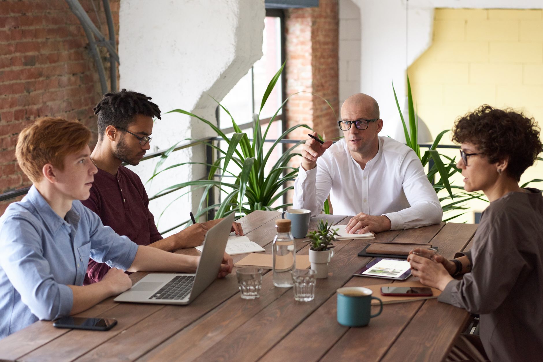 Business professionals collaborating in a modern office with