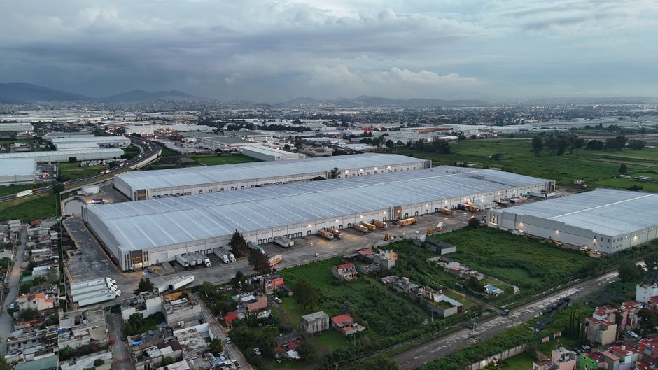 Aerial view of industrial warehouses in Mexico City surround