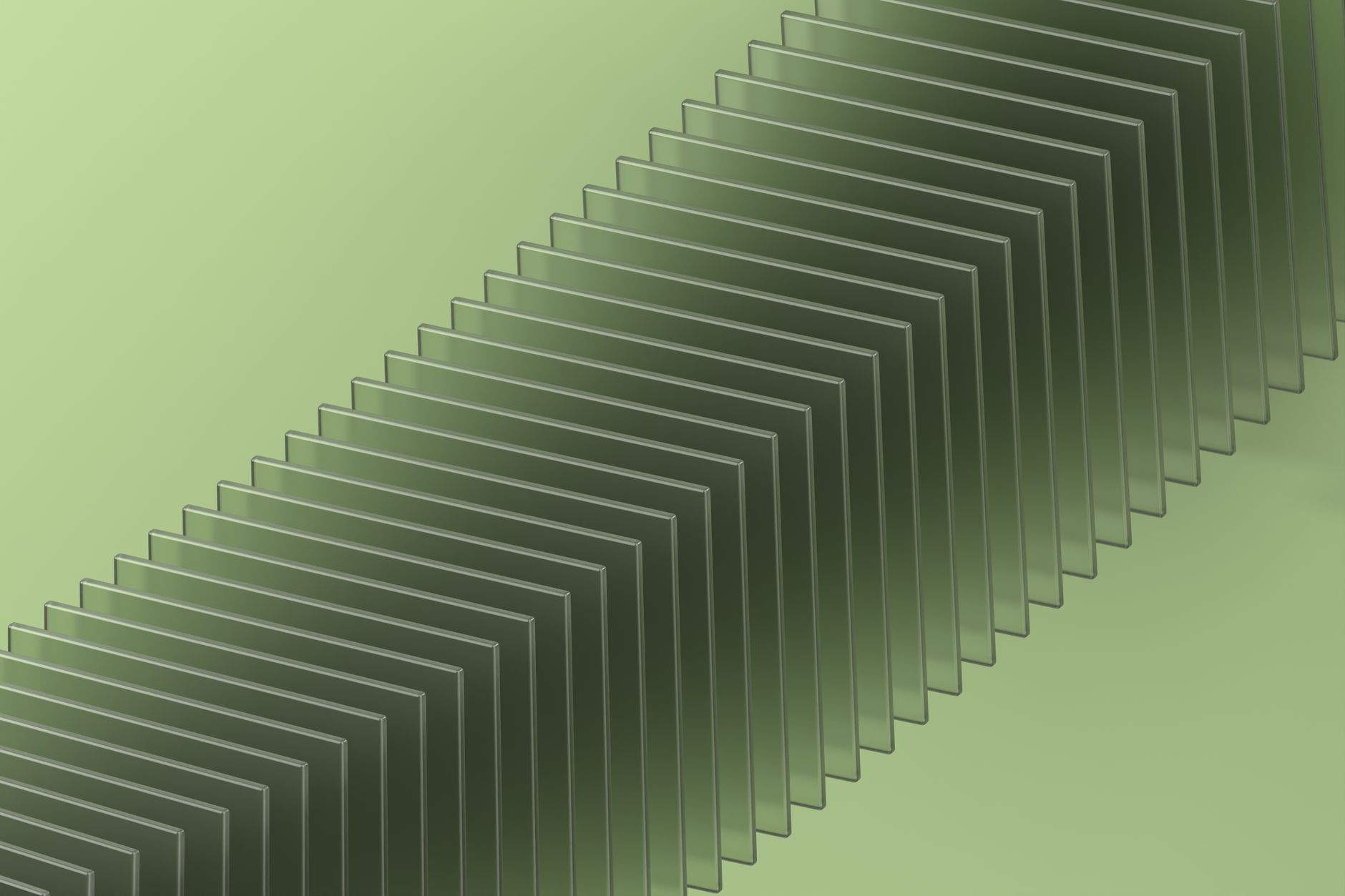 Abstract green render of transparent geometric glass panels.
