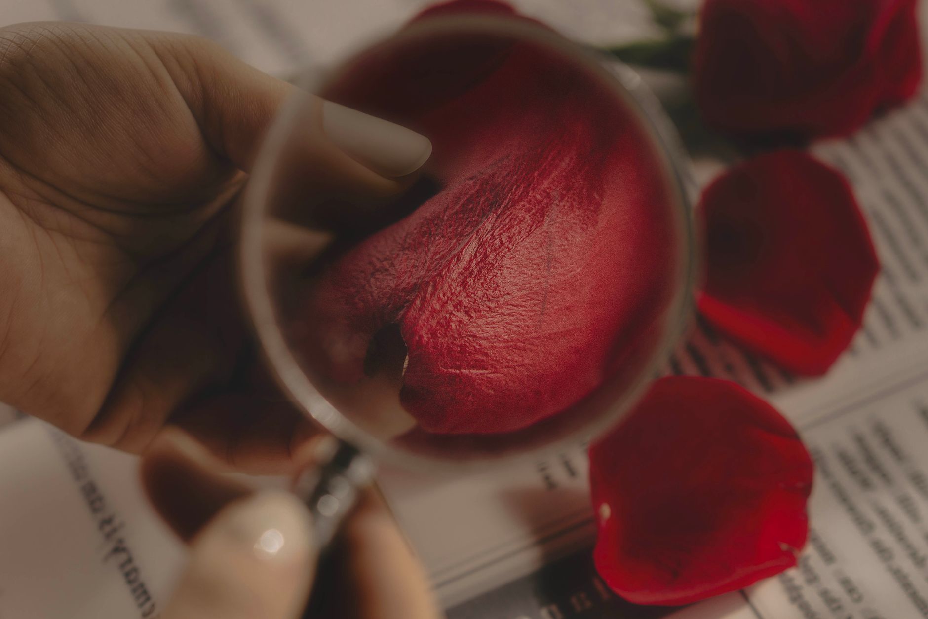 Detailed view of a rose petal magnified with a lens, highlig