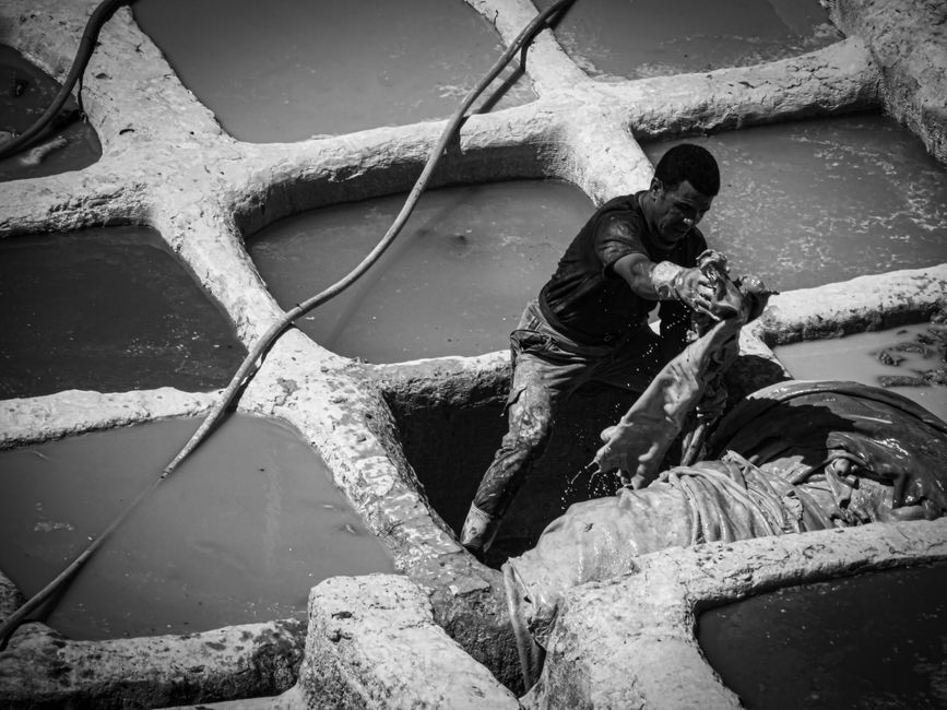 A worker processes leather in a traditional tannery in Fez,