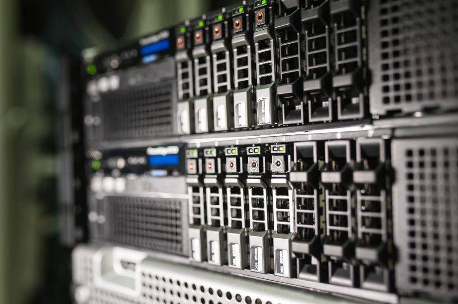 Close-up of server equipment in a modern data center highlig