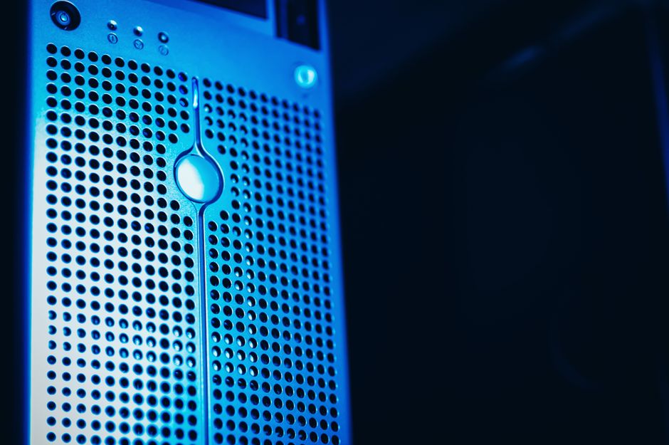 Modern server rack with blue lighting in a secure data cente