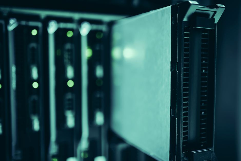Close-up of server racks in a data center highlighting moder