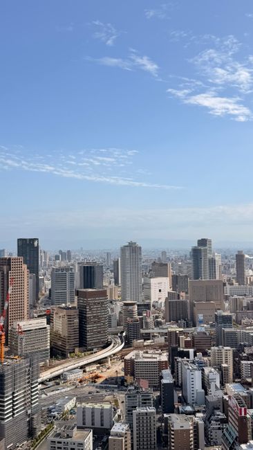Aerial view showcasing the modern skyline of Ōsaka on a clea