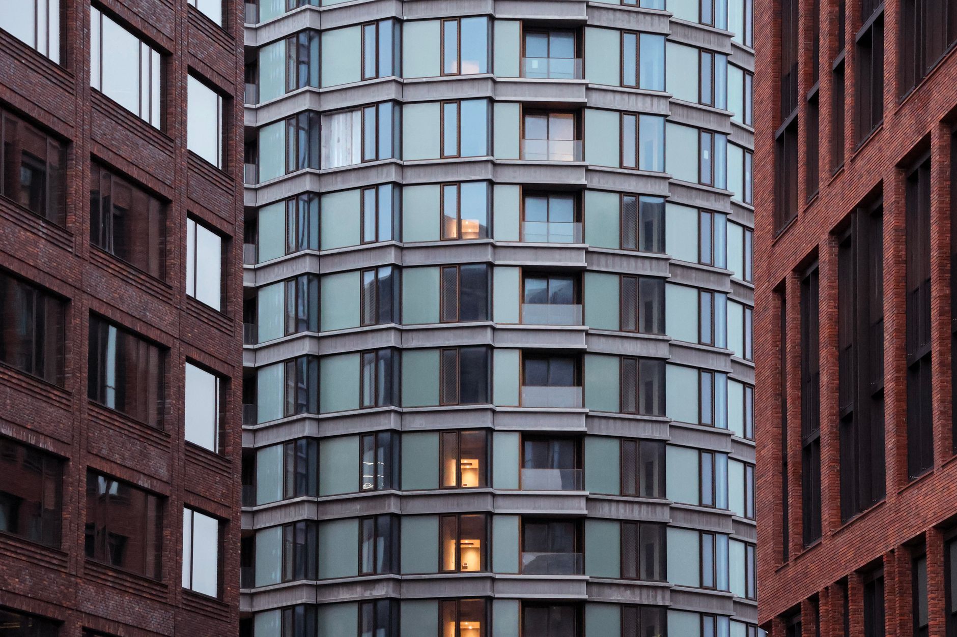 View of modern architectural buildings with glass and brick