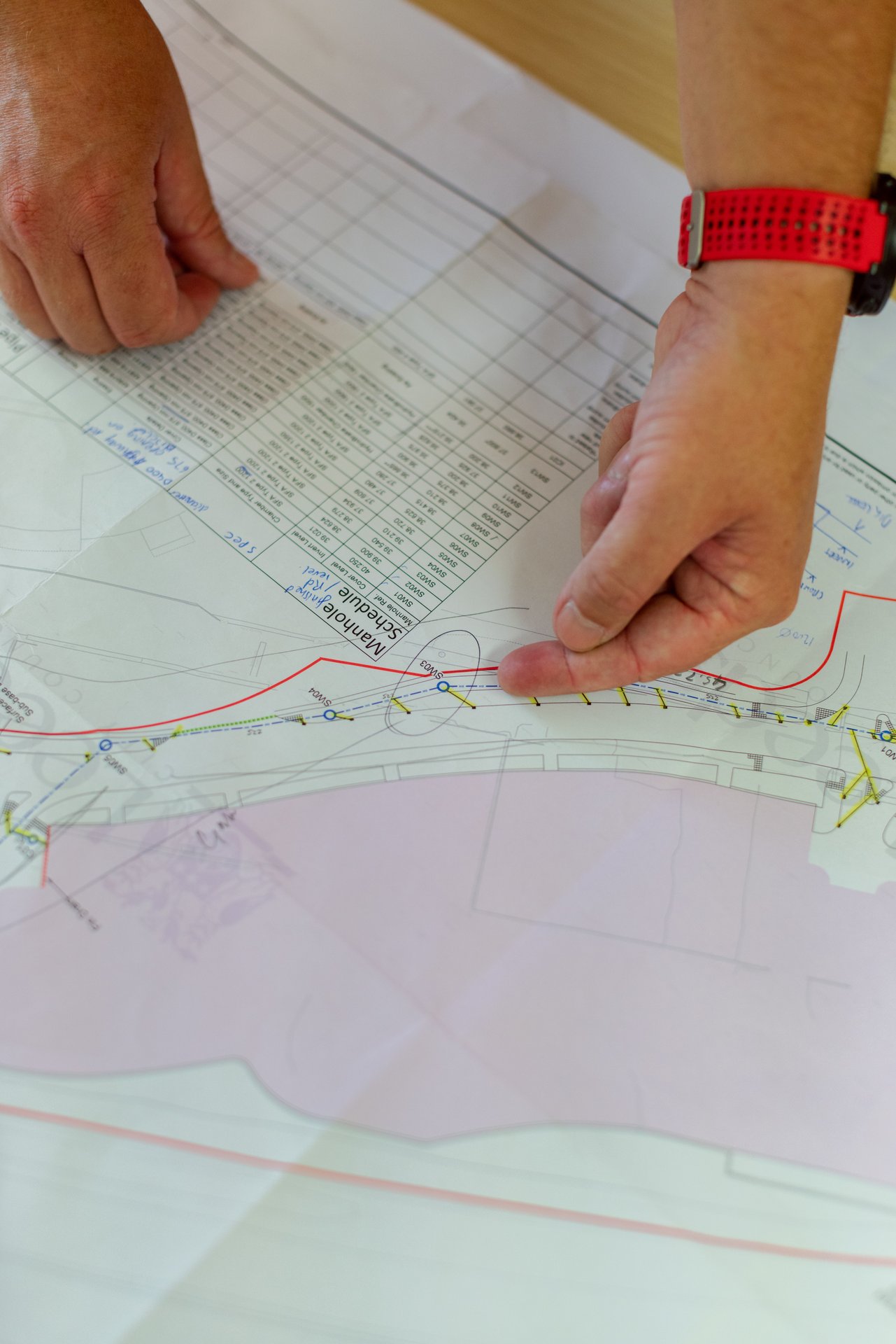 Hands pointing at architecture blueprint for construction pl