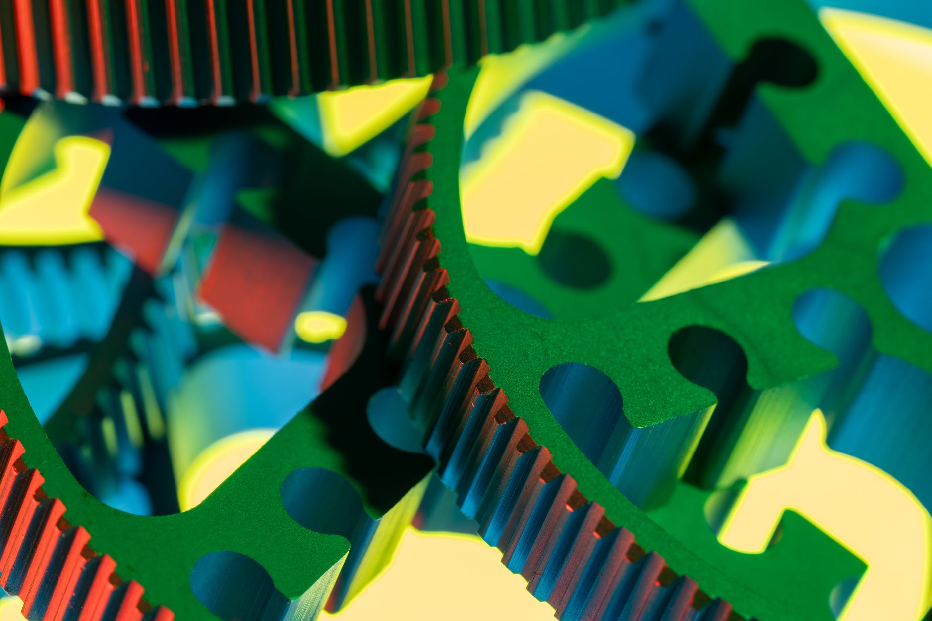 Vibrant macro photograph of interlocking colorful gears, sho