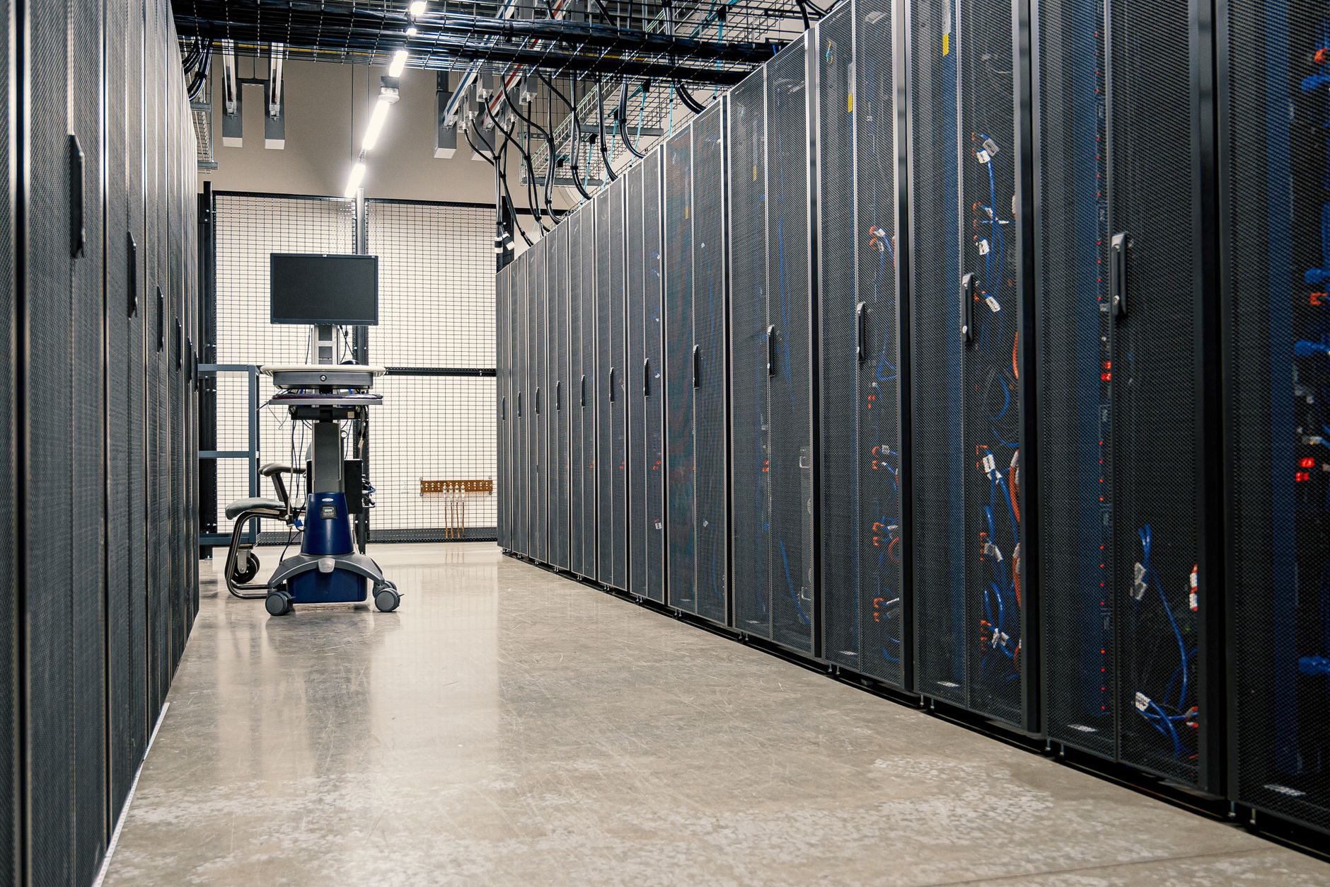 Steel framework cabinets housing servers networking devices